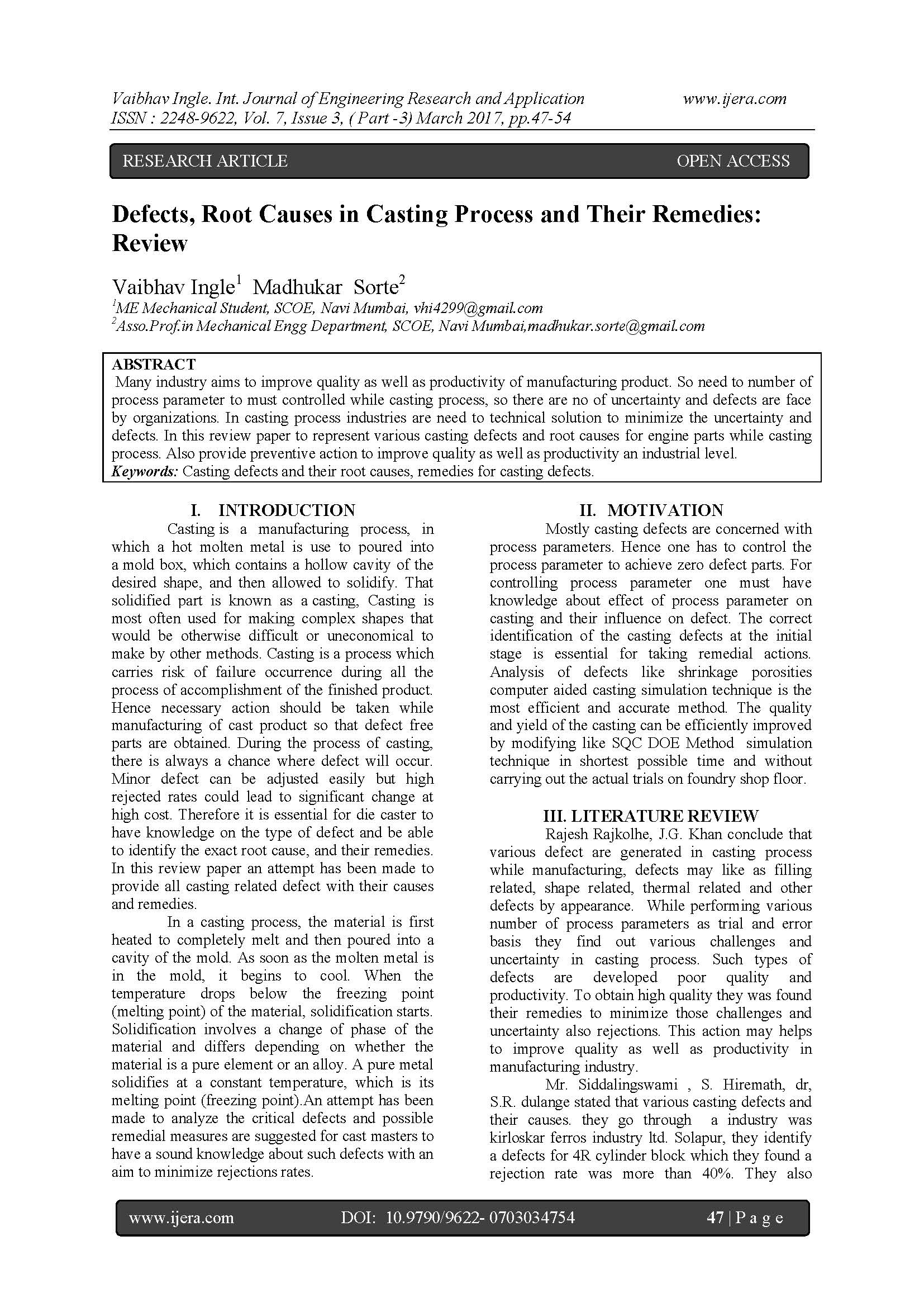 Defects, Root Causes in Casting Process and Their Remedies:  Review